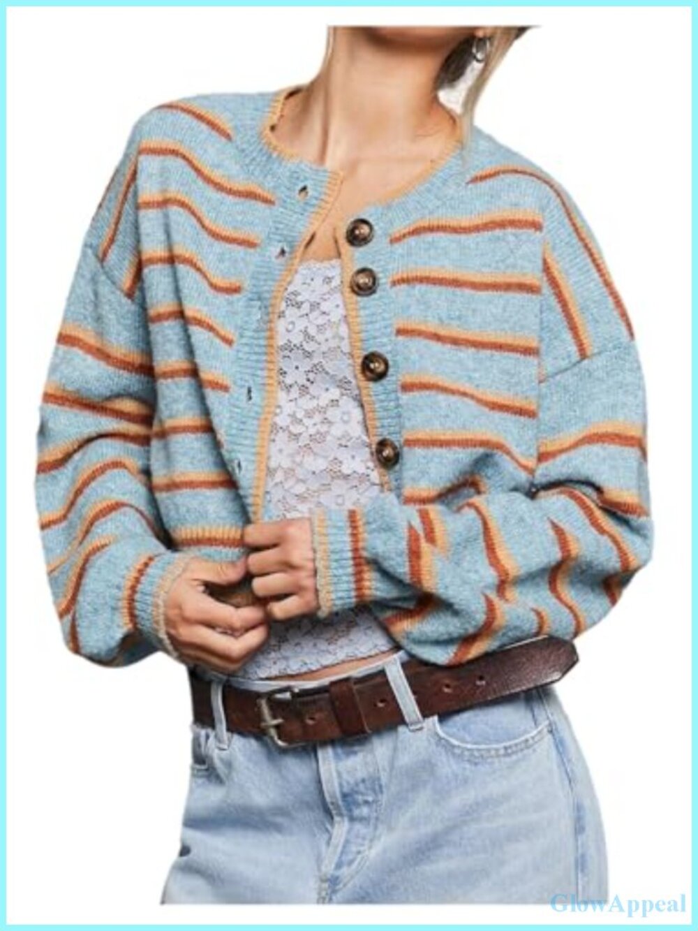 Women's Striped Cropped Cardigan Button Up Knit Sweater